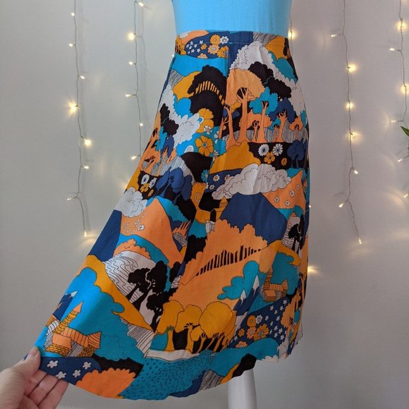 Handmade Vintage Fantasy-Print Midi Skirt - Picture 1 of 4